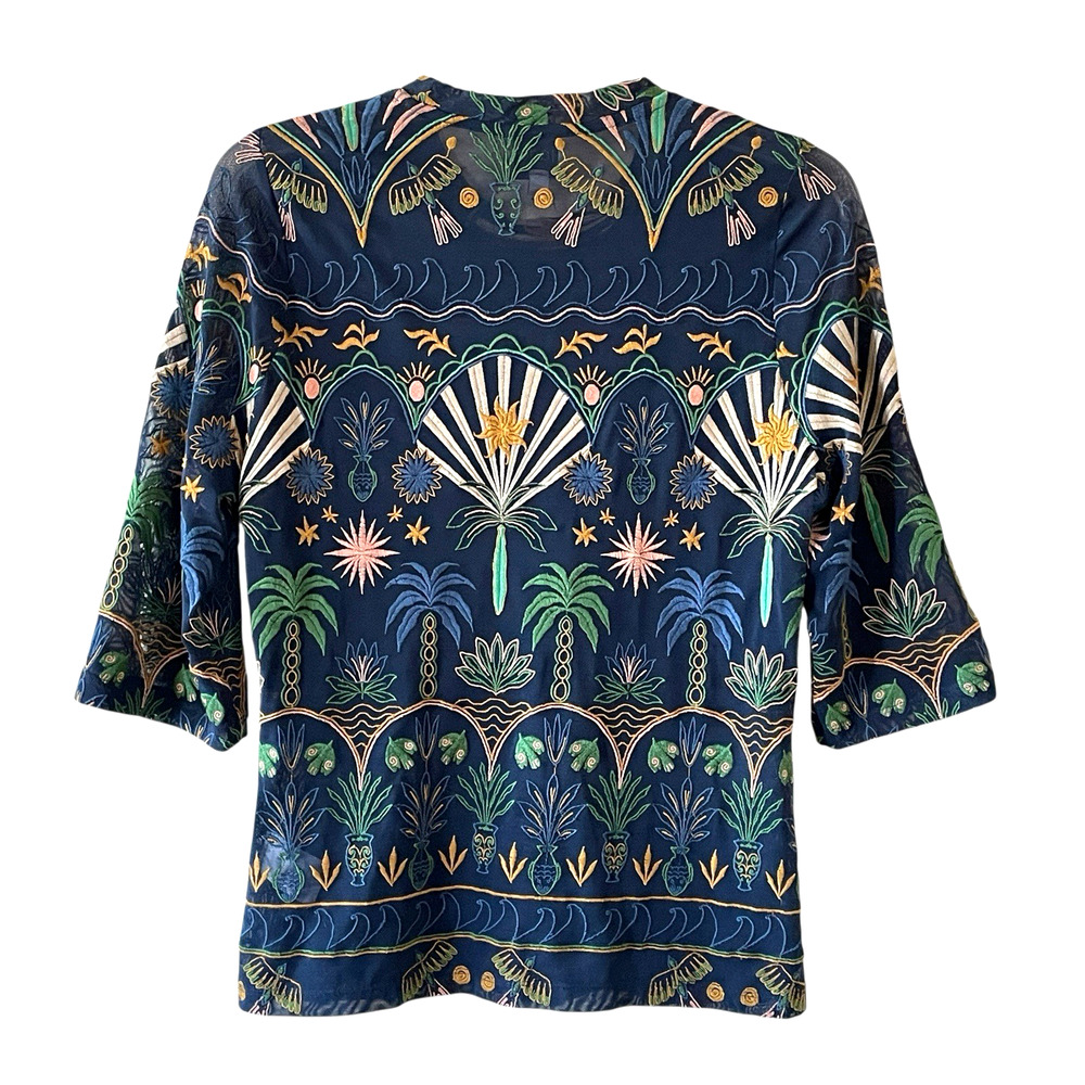 JADE by JOHNNY WAS Size Small Kaia Mesh Navy Del Mar Embroidered PulloverTop - Picture 7 of 13